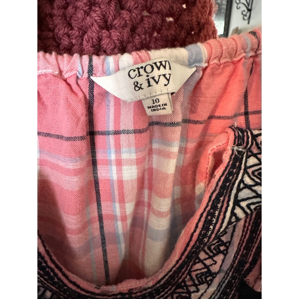 Crown & Ivy Womens Pink Plaid Embroidered Tassel Shift Dress Size 10 Cotton - Picture 4 of 8